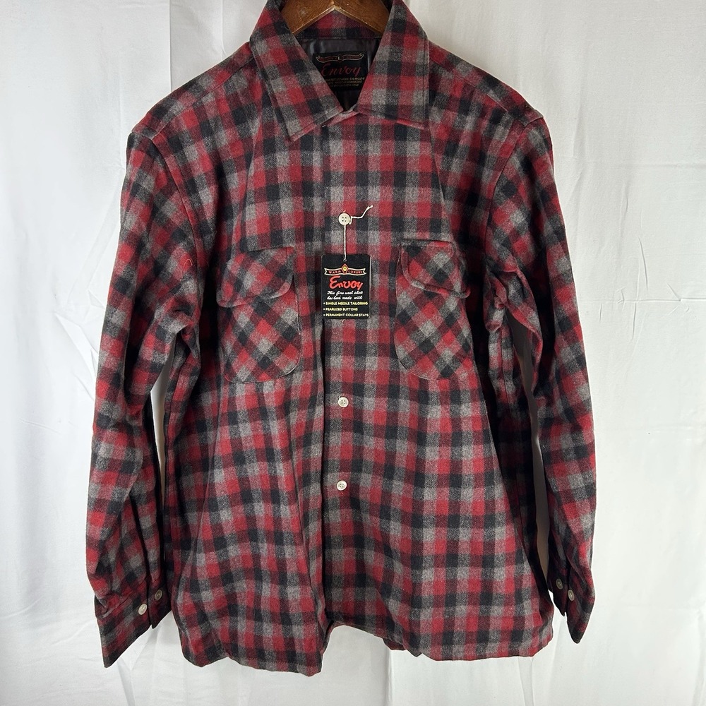 VTG Envoy Mens Large Long Sleeve Plaid Check Thick Flannel Wool Button‎ Shirt